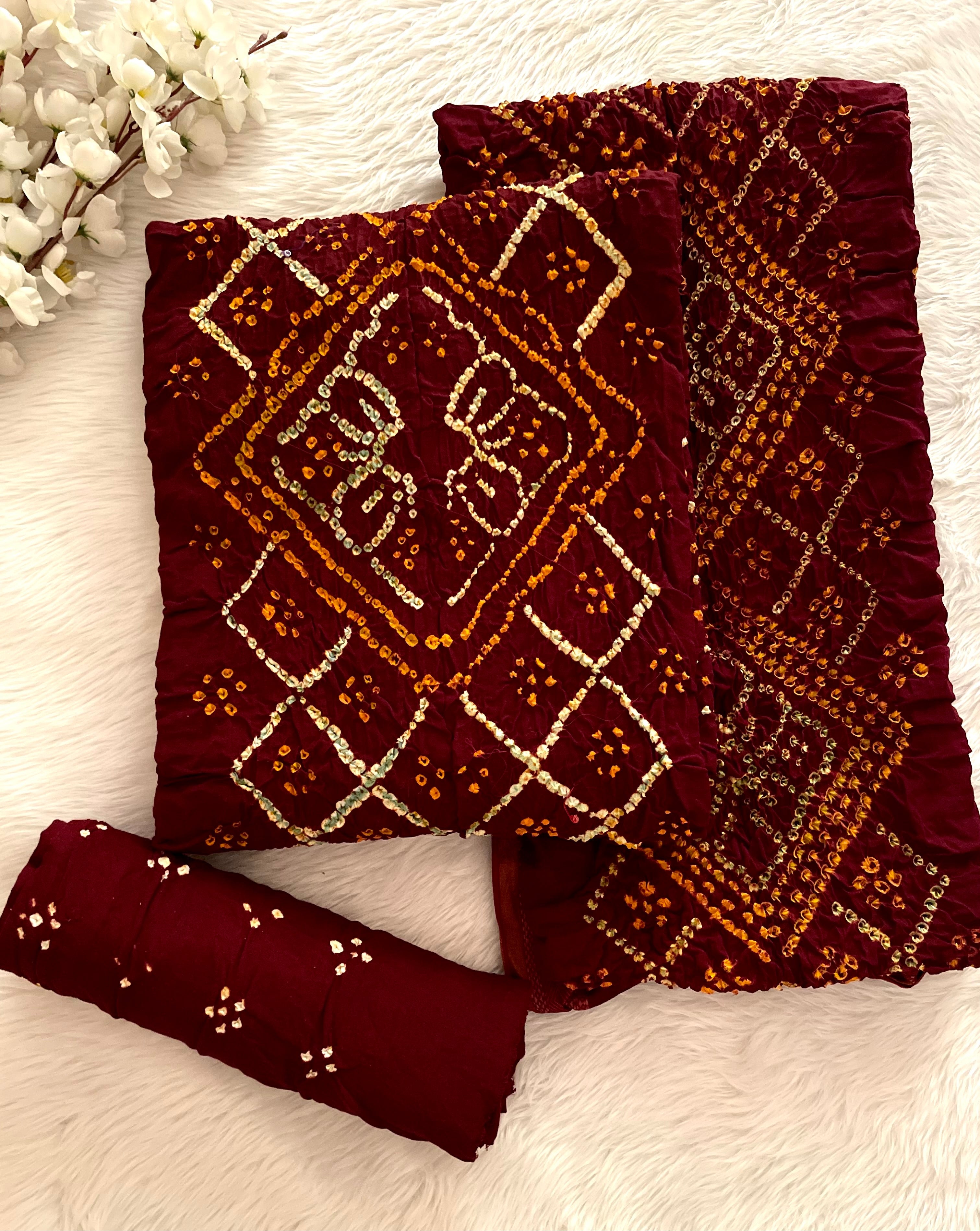 Cotton Self Color Multi Gulti Bandhej Hand Crafted Jamnagar Bandhani Dress Material (Unstitched)
