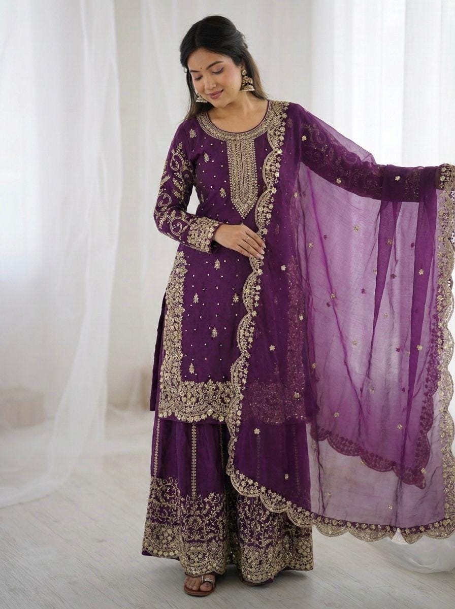 Fendi Silk Embroidery Work Designer Kurti Sharara Dupatta Set