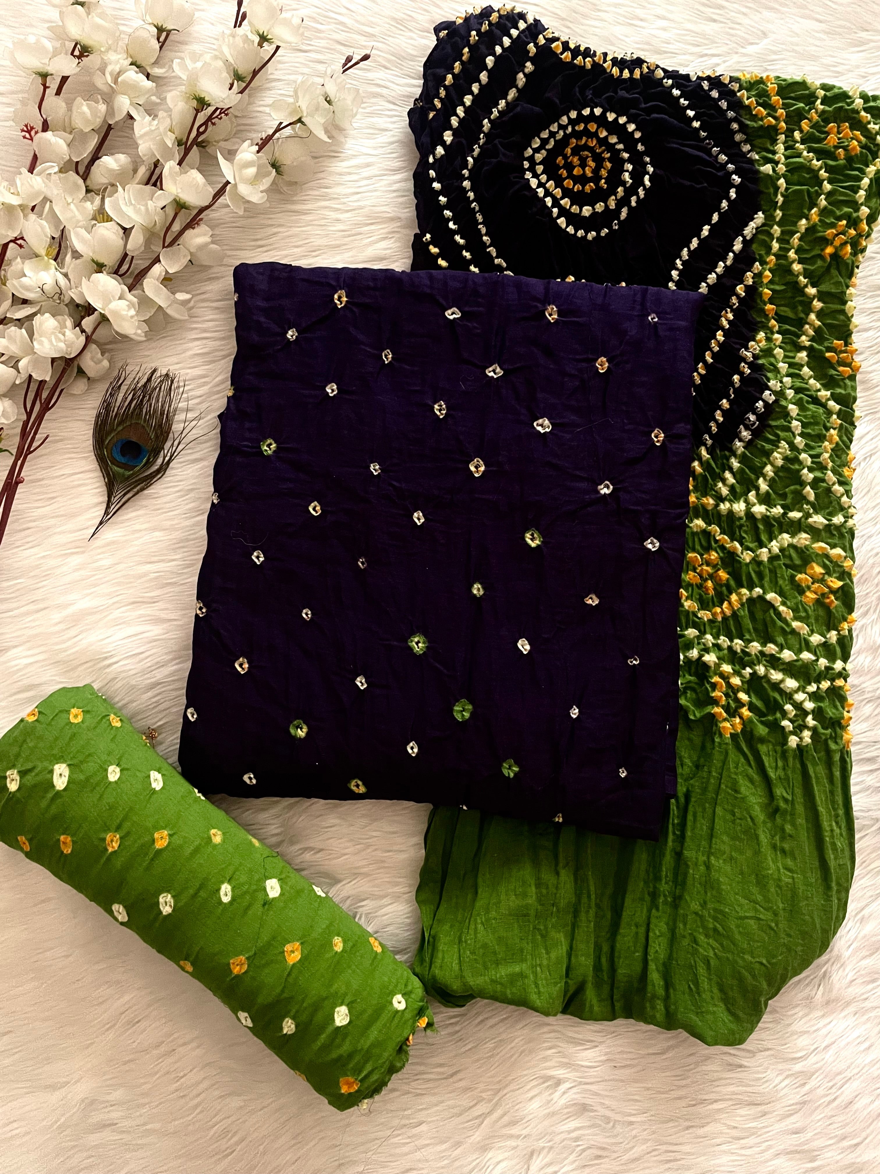 Cotton Satin Ethenika Kutch Original Hand Crafted Bandhani Dress Material (Unstitched)
