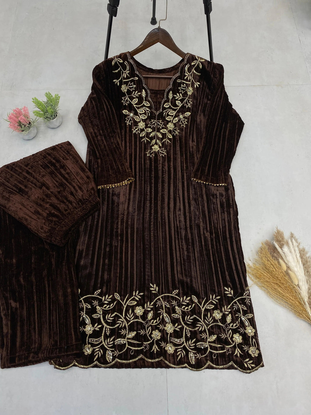 Ethenika Premium Embroidery work Winter Wear Velvet Suit