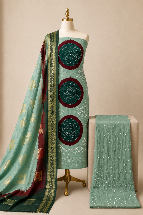 Cotton Satin Kutch Bandhani 3Pc Unstitched Dress Material