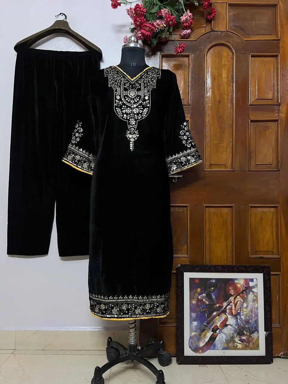 Ethenika Sequence Embroidery Work Velvet Kurti Pant Set