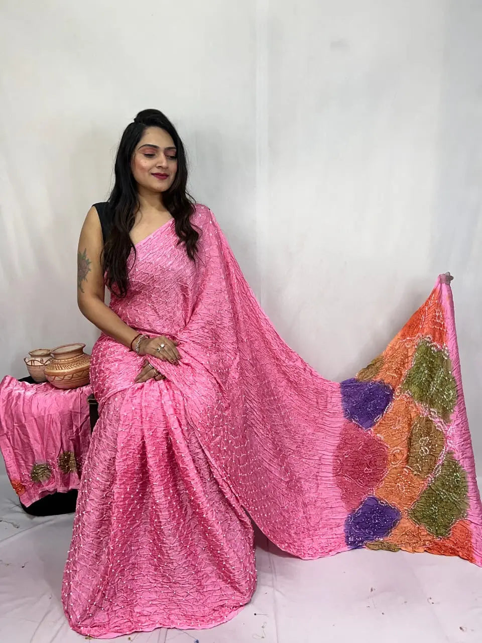 Pure Modal Silk Barik Bandhej Lagdi Pallu Bandhani Saree