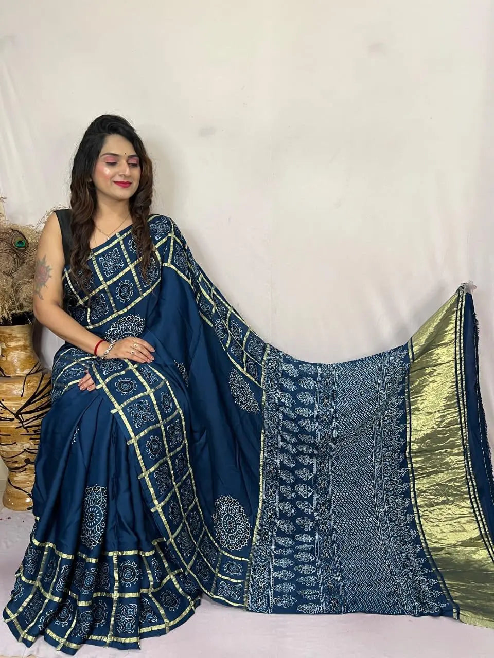 Modal Silk Original Hand Blocked Ajrakh work Lagdi Pallu Saree
