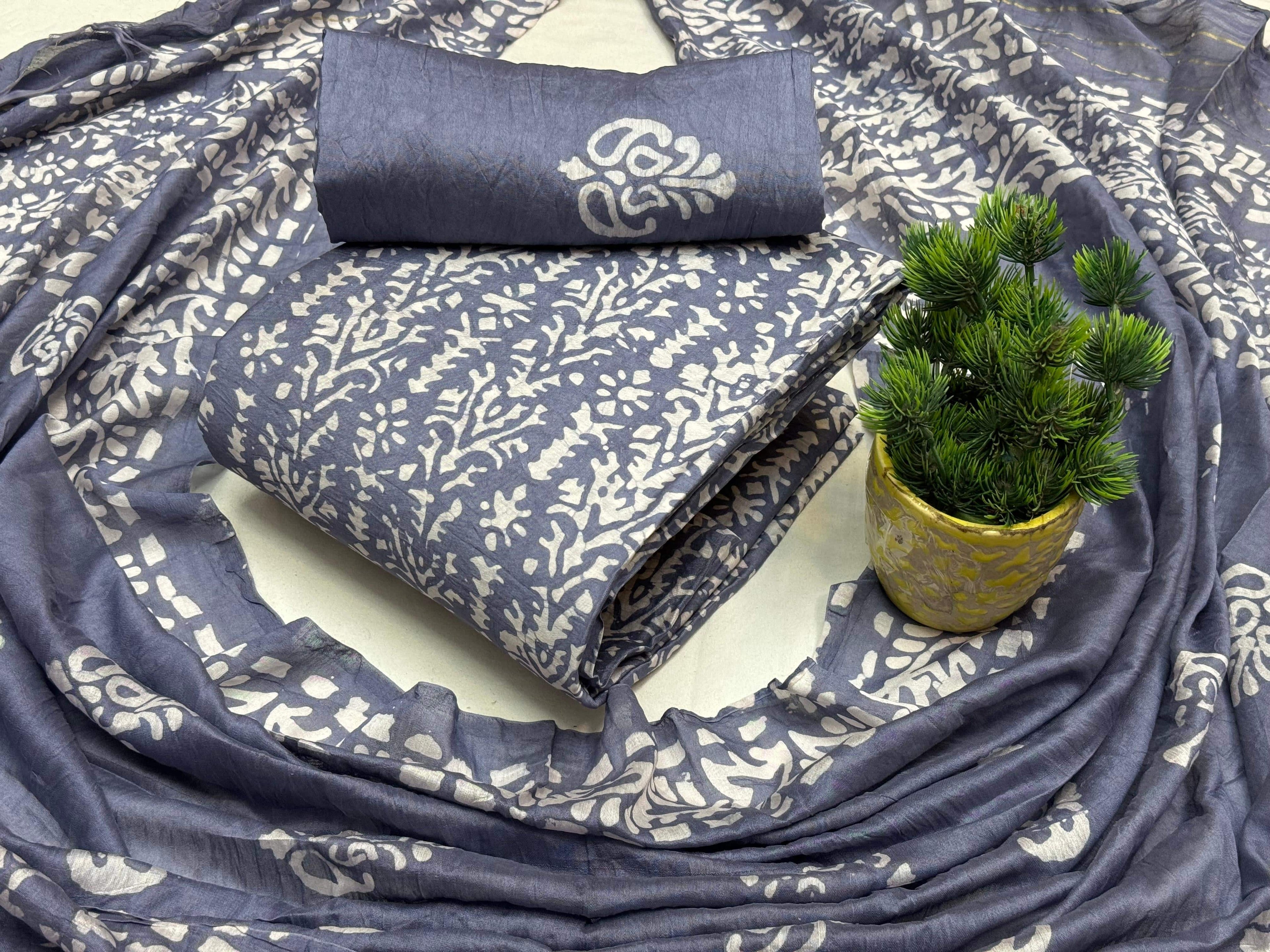 Chanderi Silk Hand Block Print Work Batik Dress Material (Unstitched)