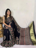 Modal Silk Original Hand Blocked Ajrakh work Lagdi Pallu Saree