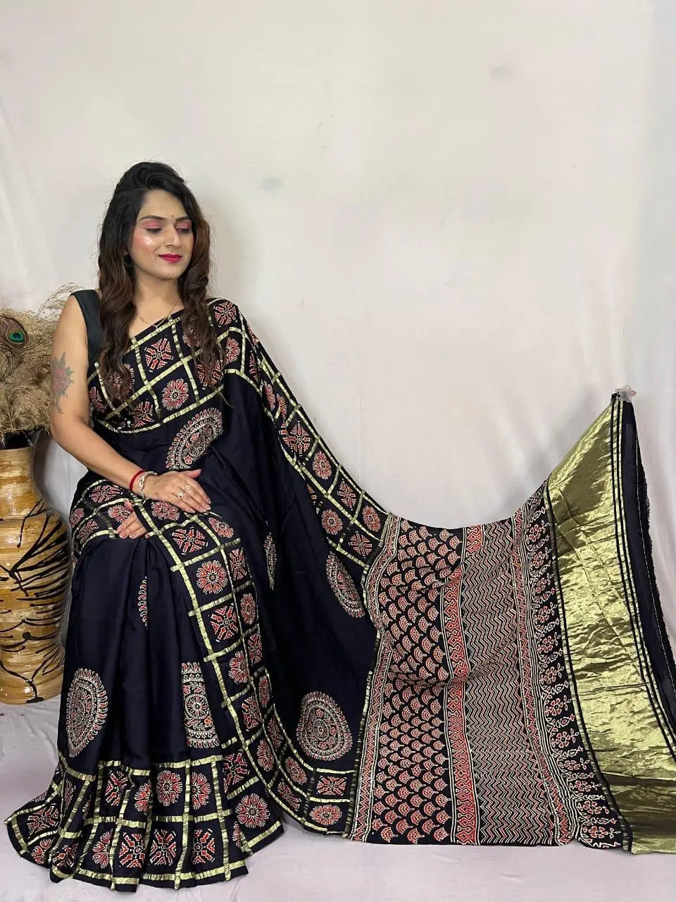 Modal Silk Original Hand Blocked Ajrakh work Lagdi Pallu Saree