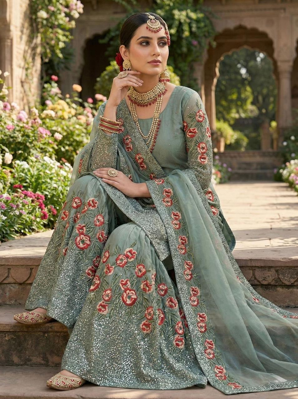 Fendy Silk Designer Kurti Sharara Dupatta Set for Eid