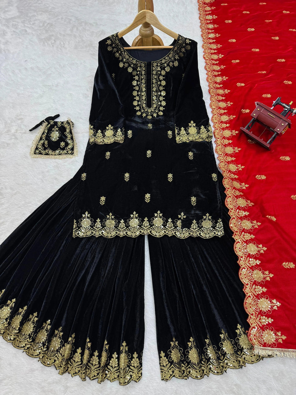 Ethenika Fine Velvet Golden Thread Embroidery work Velvet Kurti Sharara
