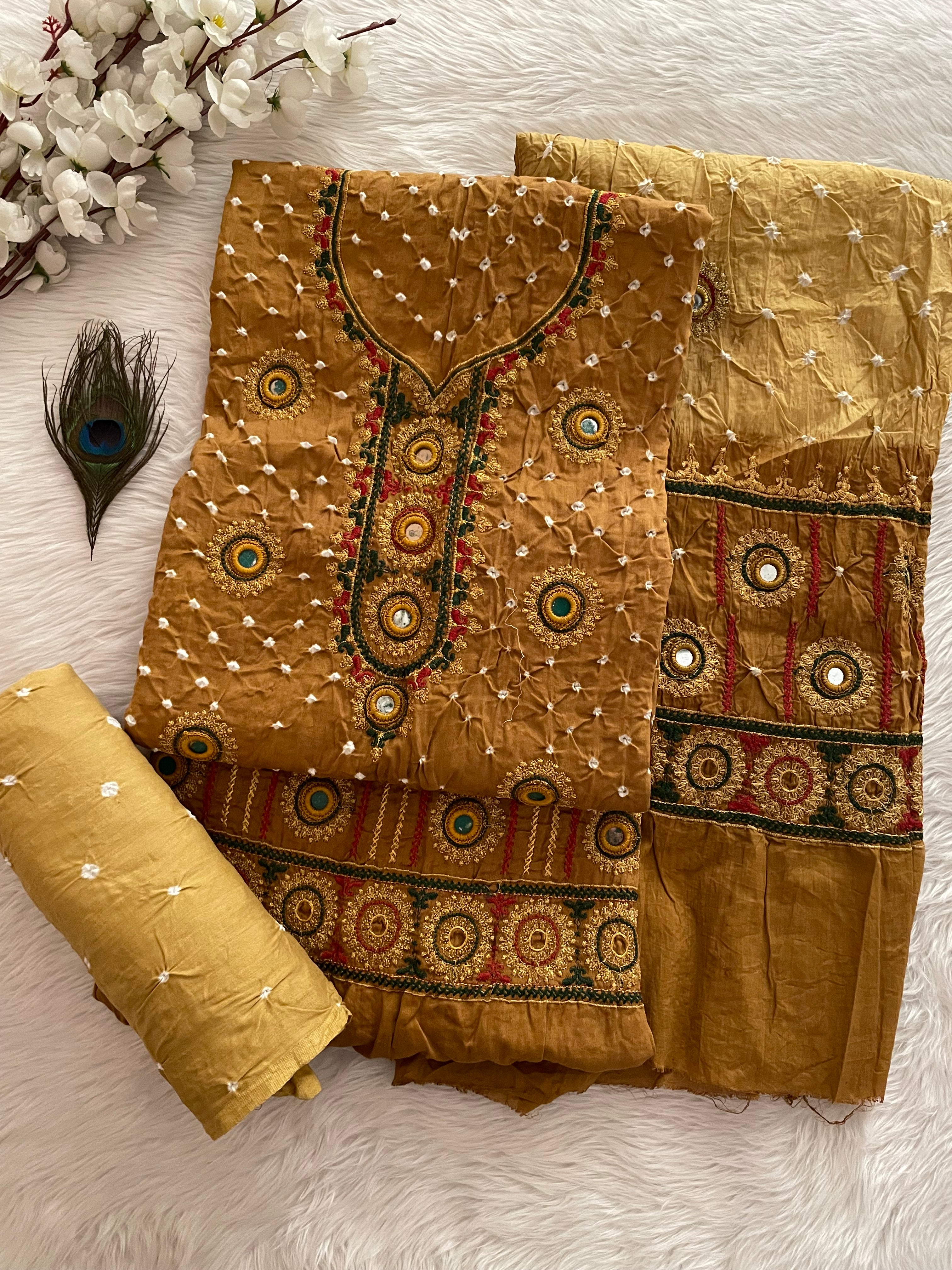 Ethenika Originals Mirror Hand Embroidery Tila Work With Heavy Work Dupatta Bandhani Dress Material (Unstitched)