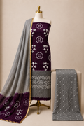 Cotton Satin Wine Kutch Bandhani 3Pc Unstitched Dress Material
