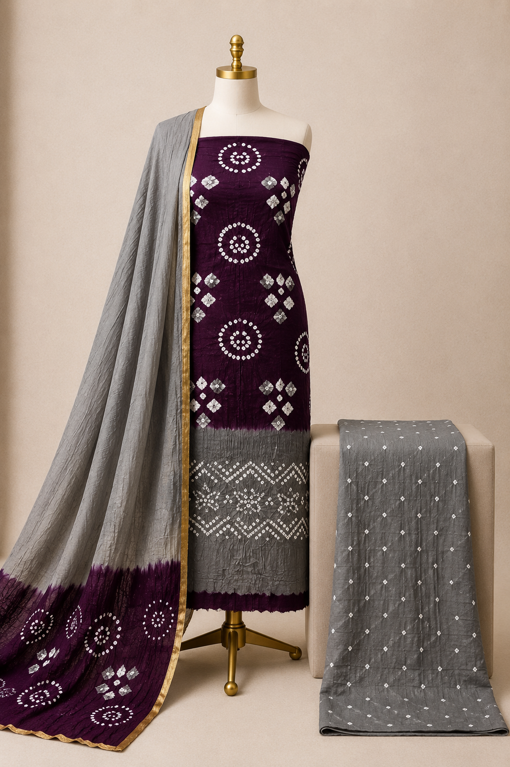 Cotton Satin Wine Kutch Bandhani 3Pc Unstitched Dress Material