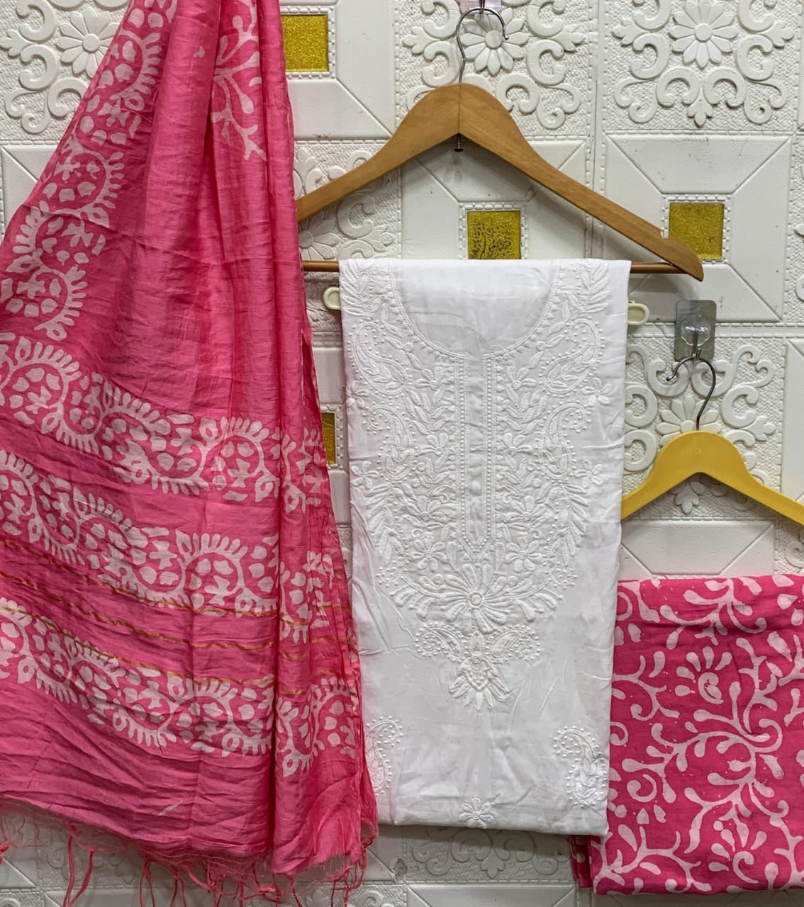Cotton Lakhnavi Thread work Silk Batik Print Bottom Dupatta Dress Material (Unstitched)