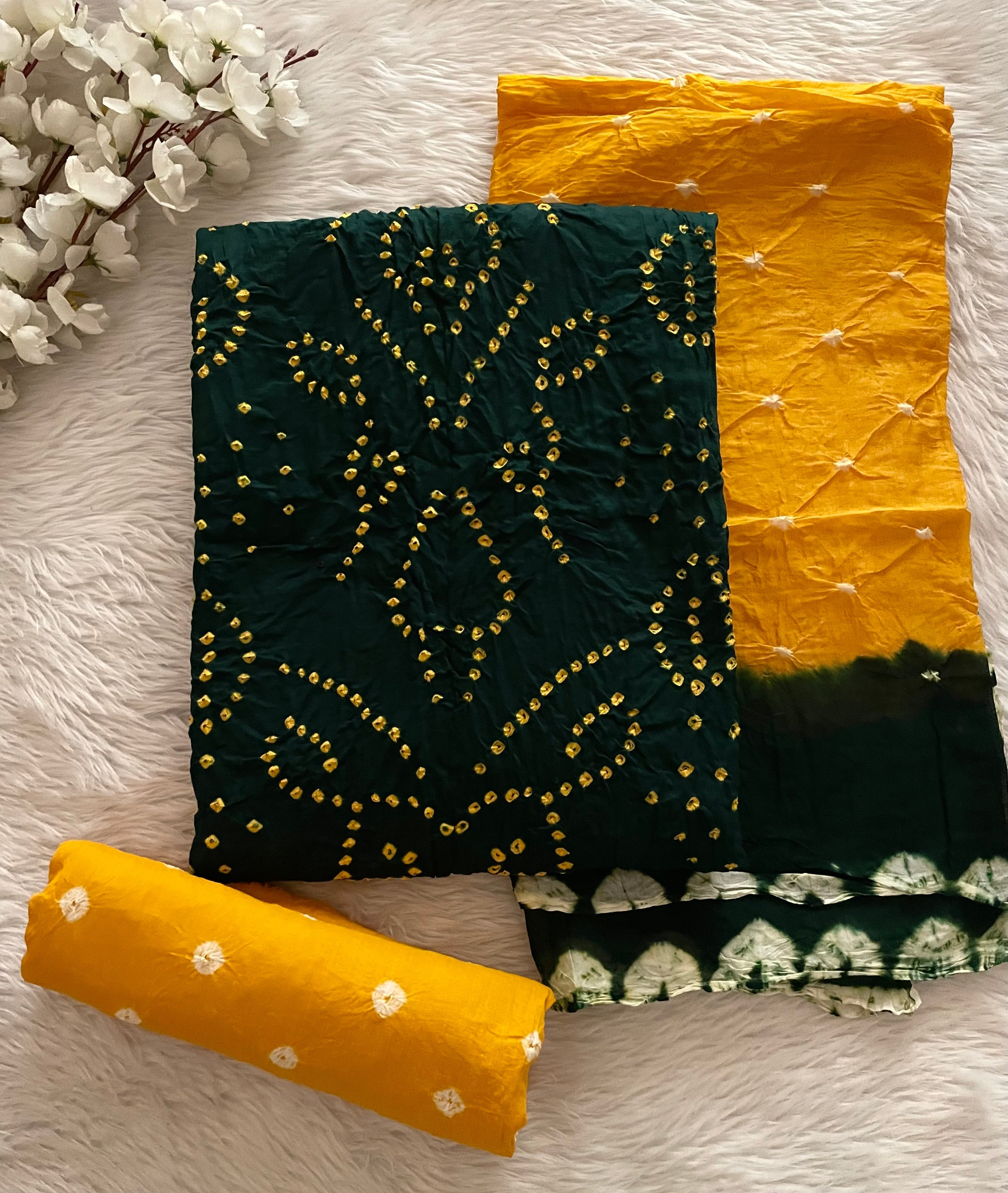 Cotton Satin Multicolor Kutch Bandhani Dress Material (Unstitched)
