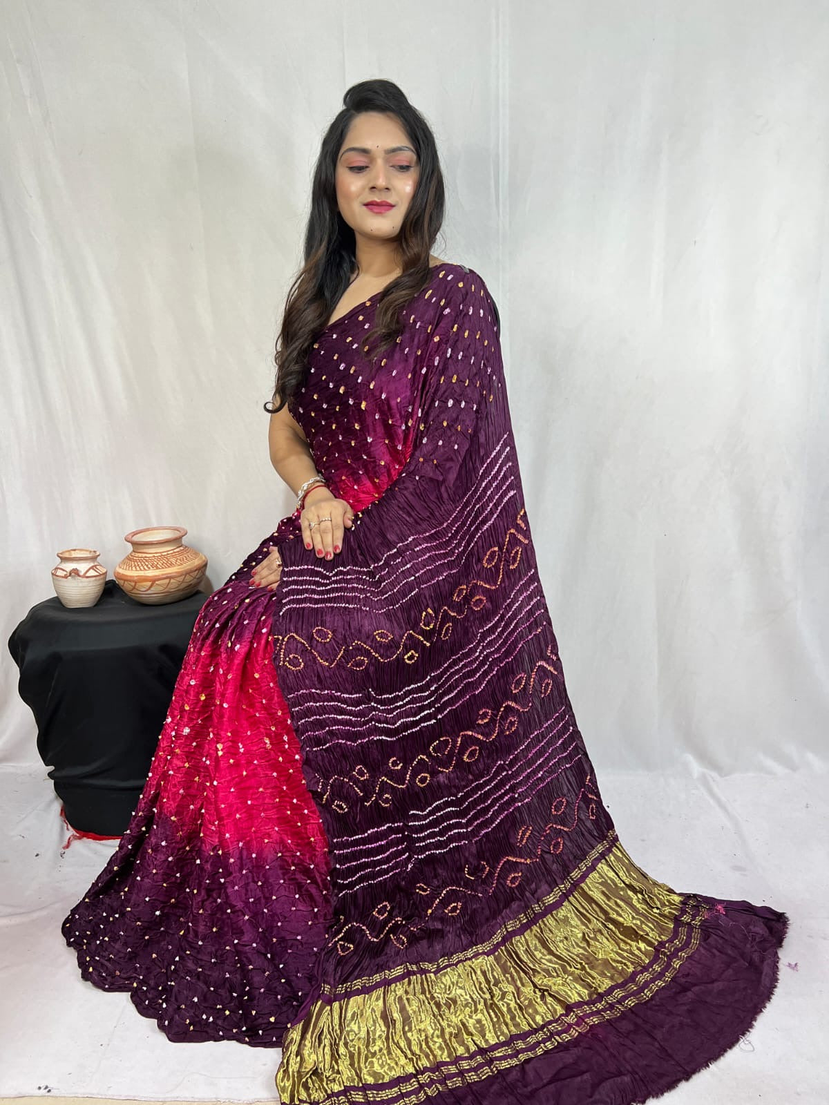 Pure Modal Silk Barik Bandhej work Bandhani Saree