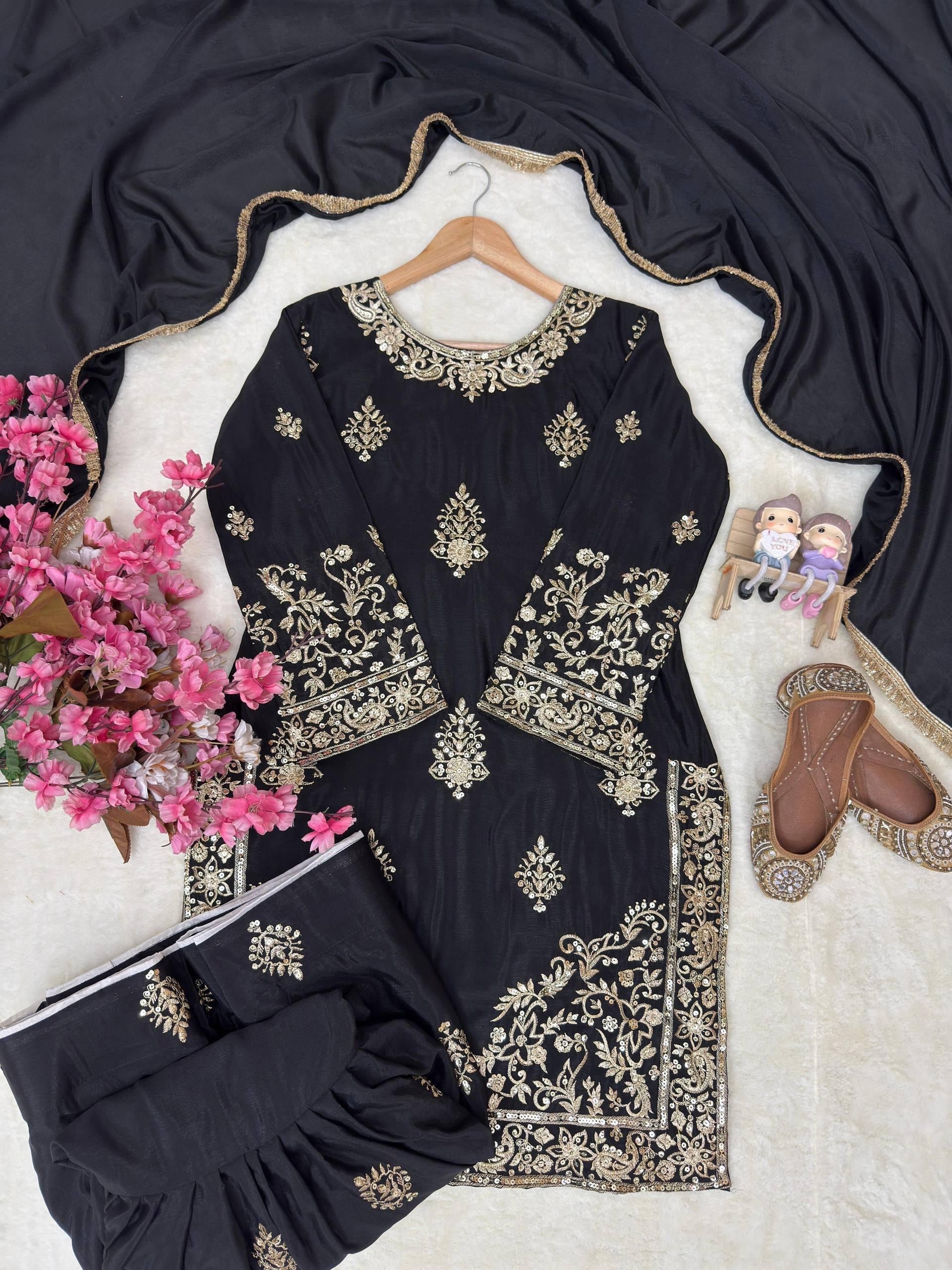 Chinon Silk Designer Kurti Sharara Dupatta Set