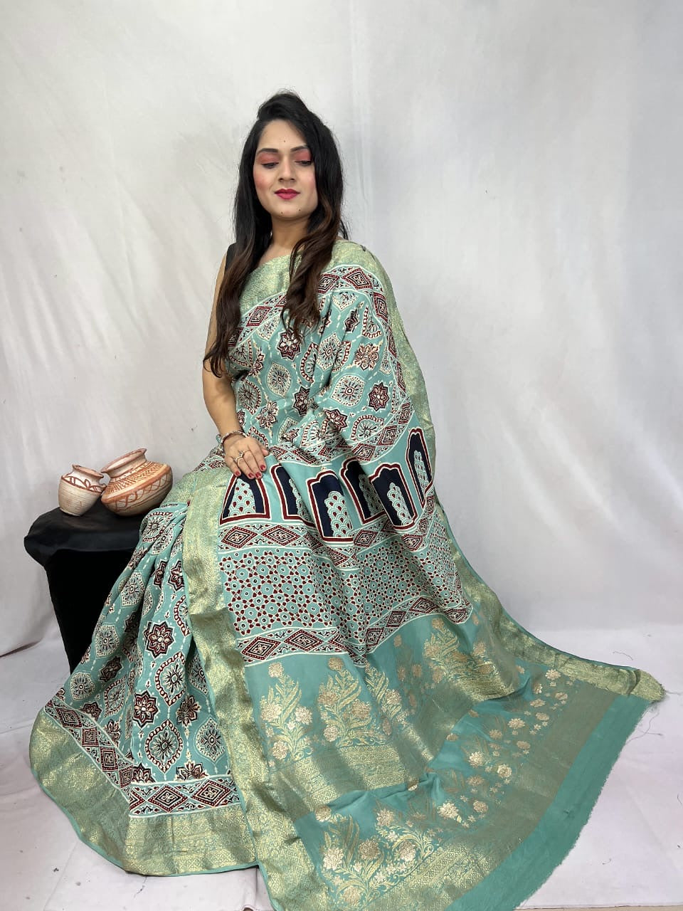 Dola Silk Original Handblocked  Ajrakh work Saree