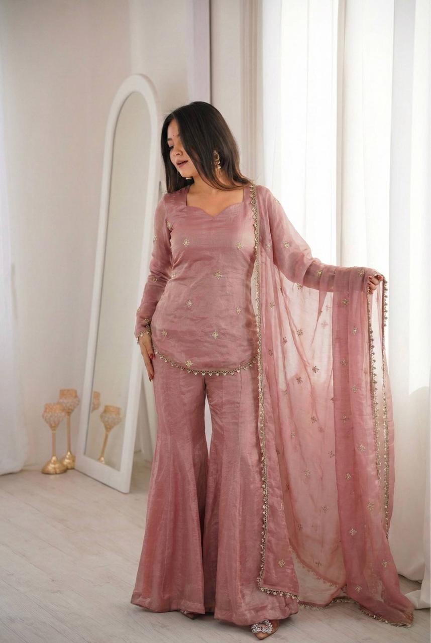 Fendy Silk Embroidery Work Kurti Sharara Dupatta Set
