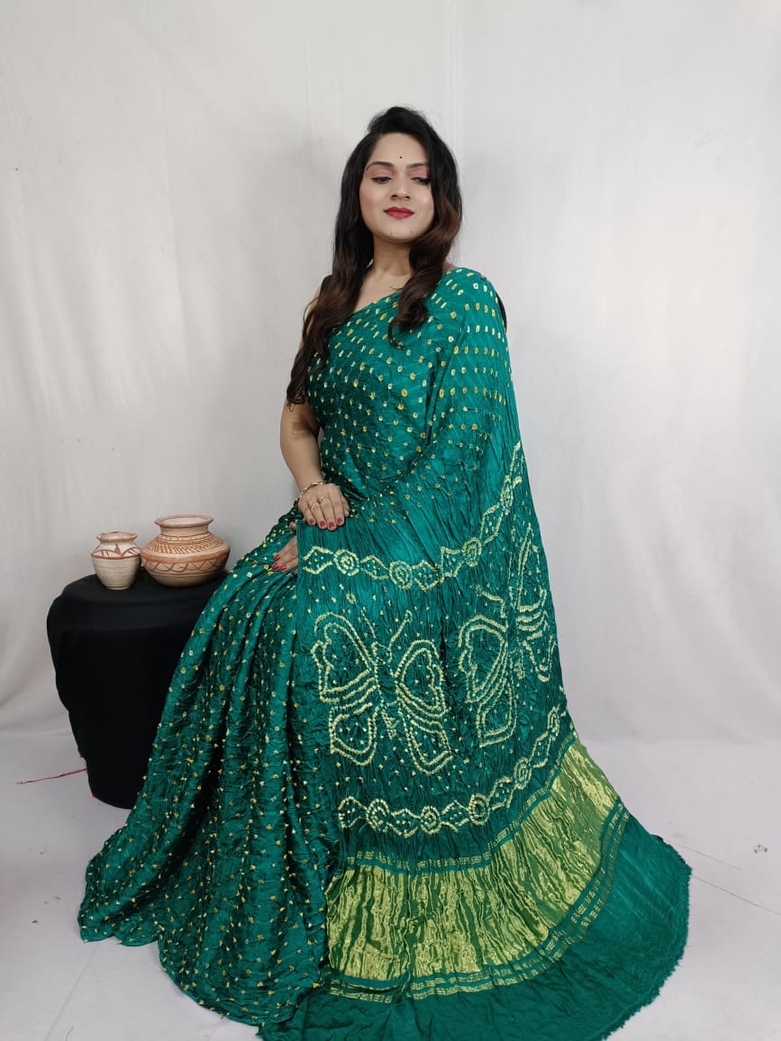 Modal Silk Heavy Barik Bandhej work Silk Bandhani Saree