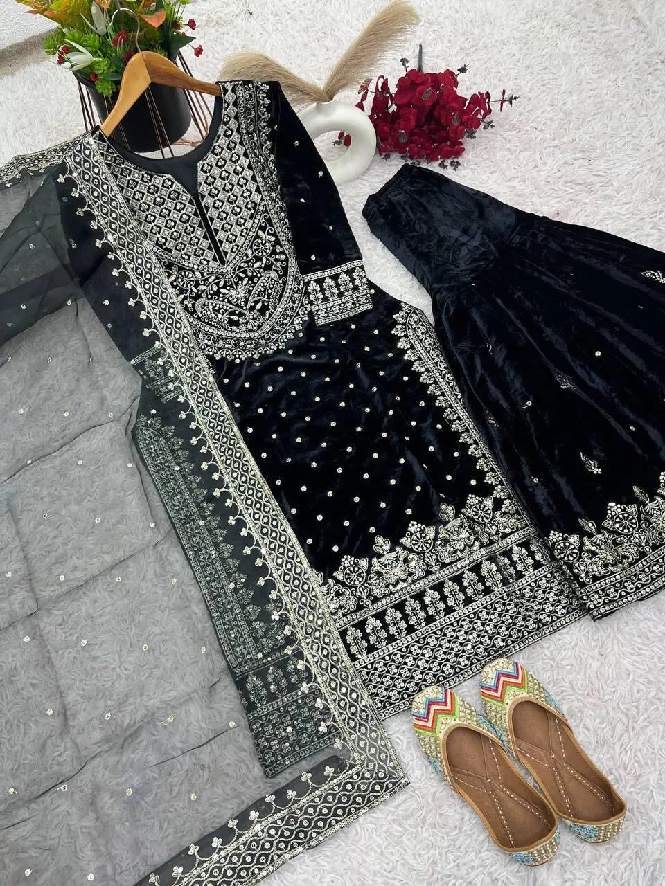 Ethenika Silver Thread Embroidery work Reasdy to wear Velvet Kurti Sharar Set