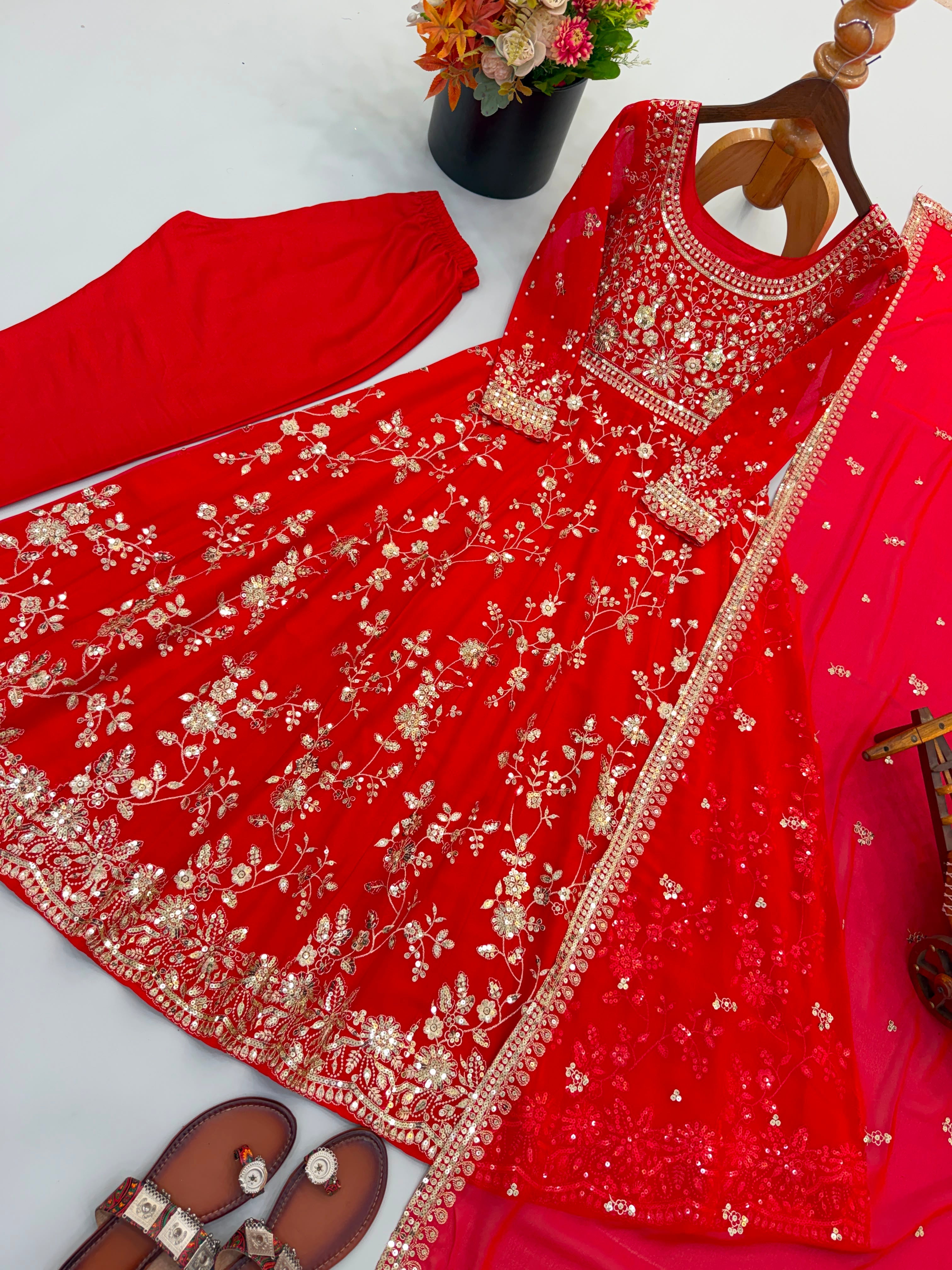 Georgette Sequence Embroidery Work Ready to Wear Gown Pant Dupatta Set