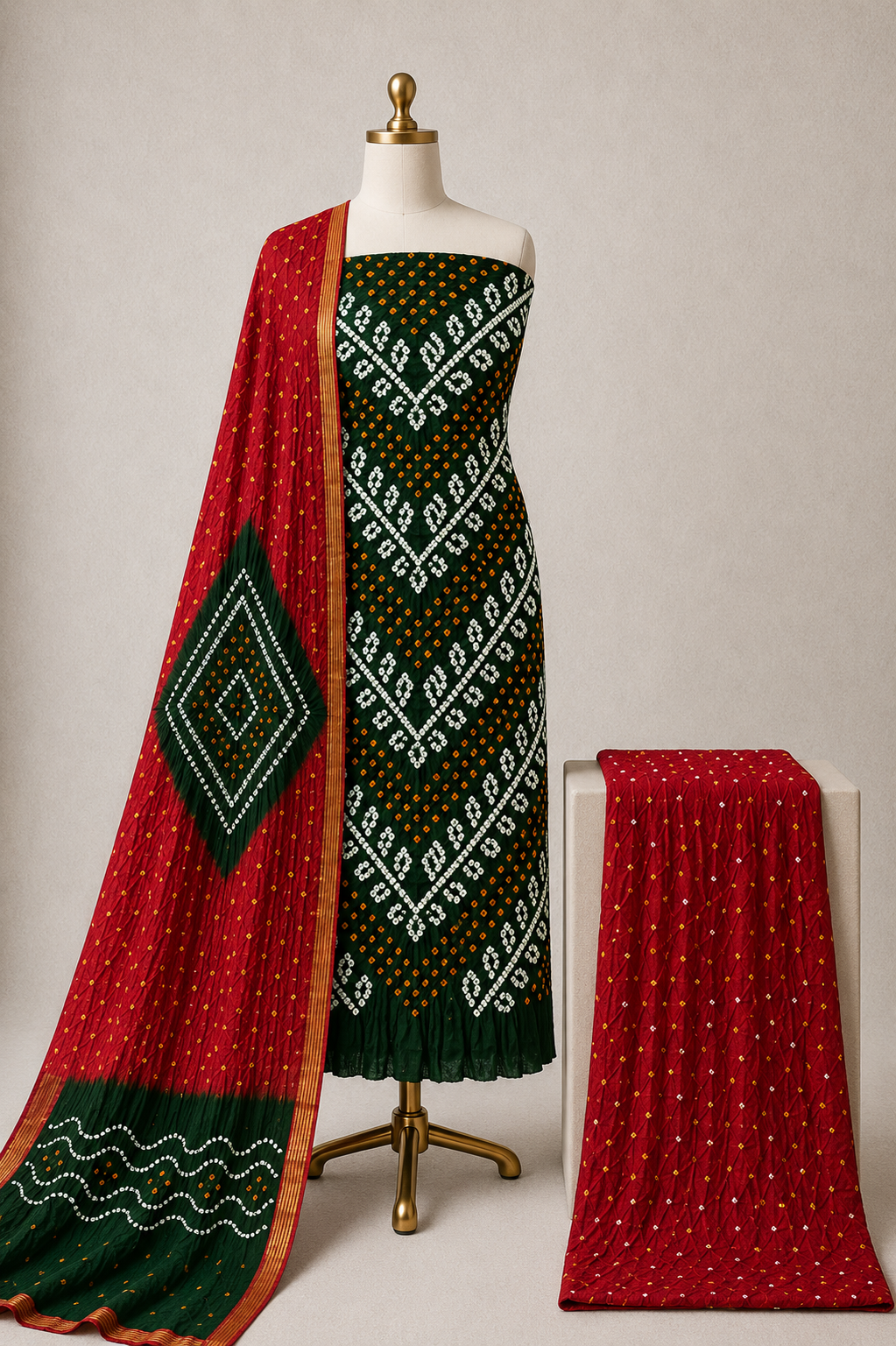 Cotton Satin Handmade Kutch 3Pc Unstitched Bandhani Dress Material