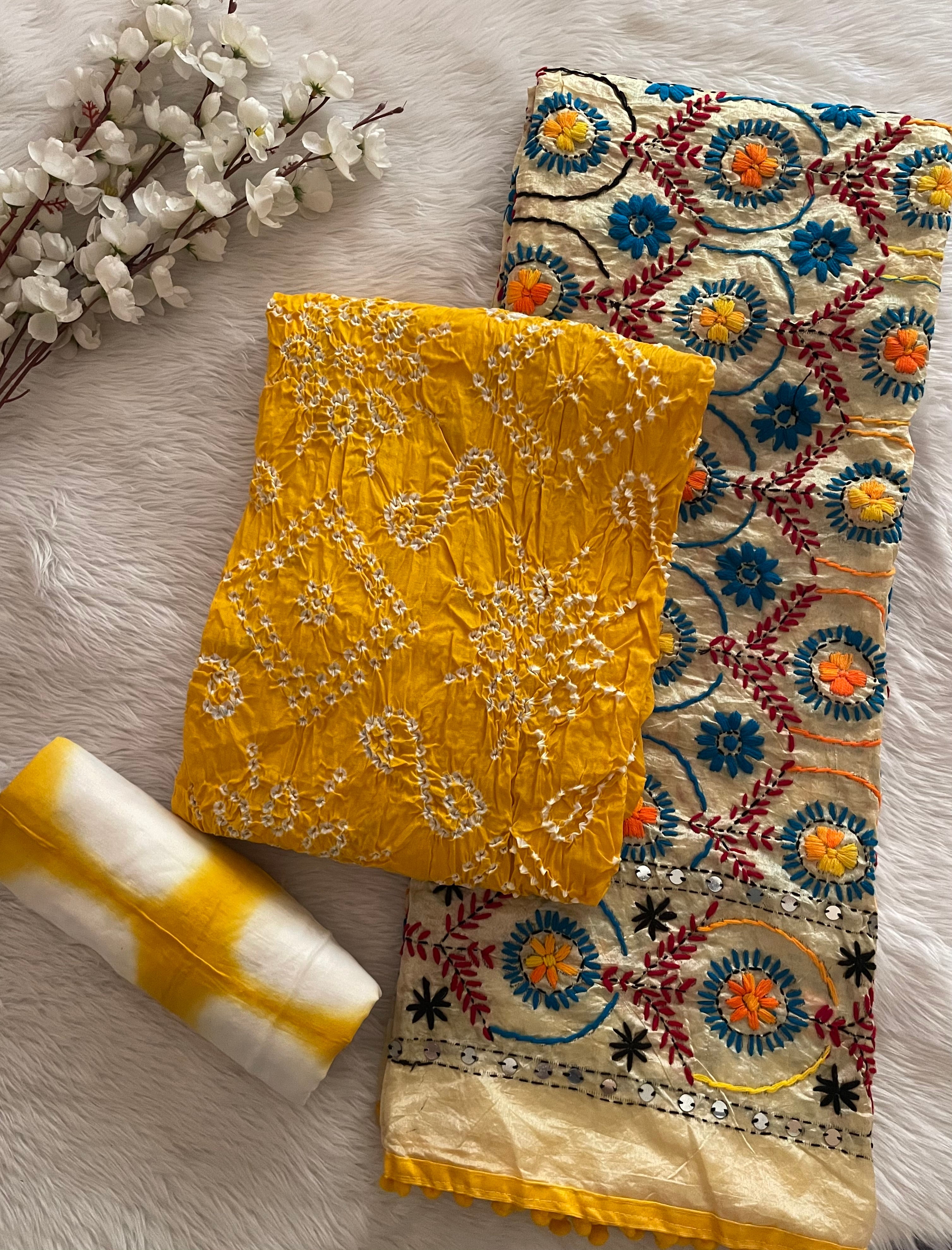Cotton Kutch Hand Crafted Kutch Bandhani With Phulkari Dupatta Bandhani Dress Material (Unstitched)