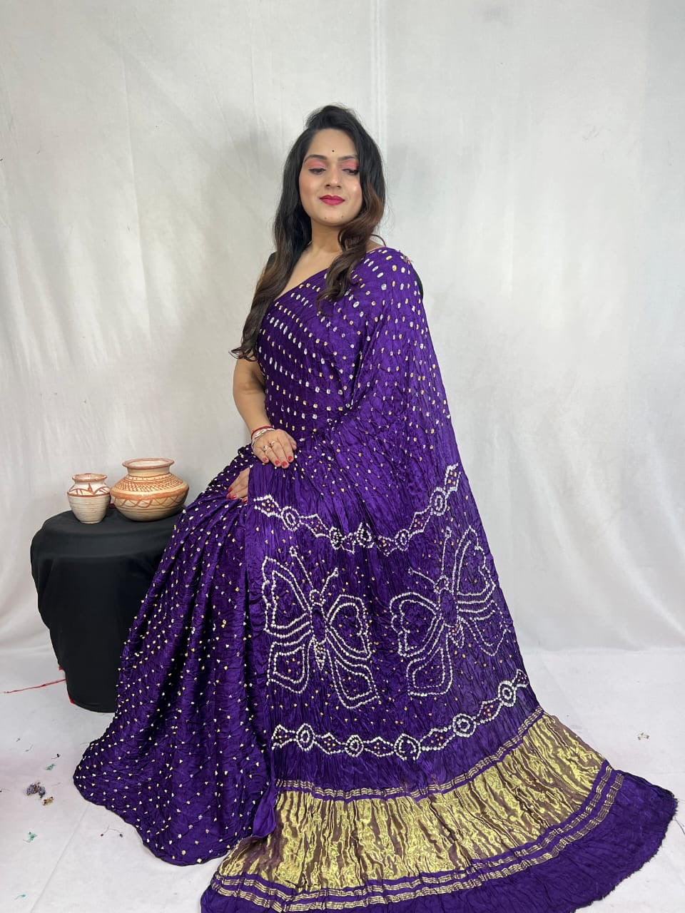 Modal Silk Heavy Barik Bandhej work Silk Bandhani Saree