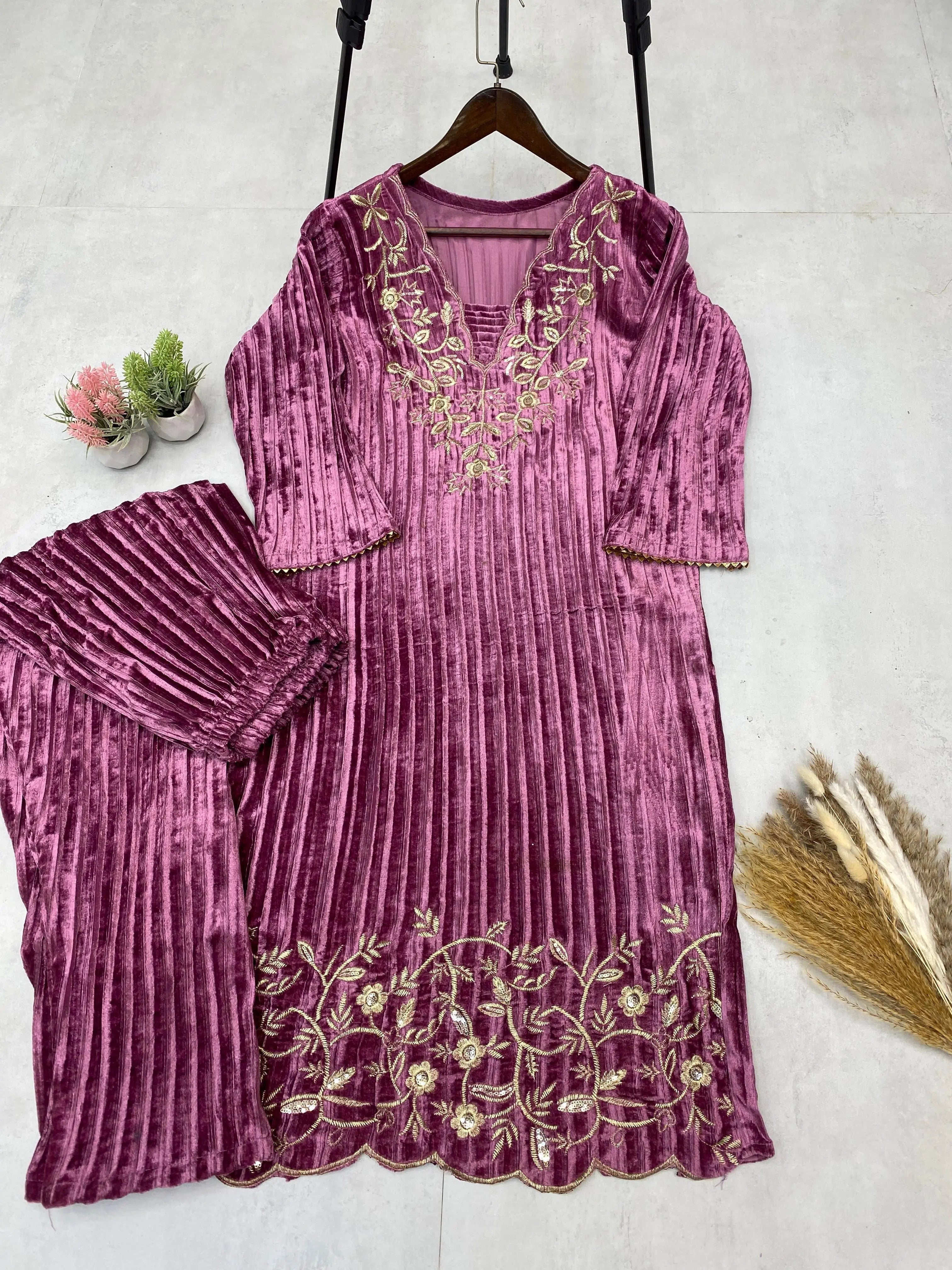Ethenika Premium Embroidery work Winter Wear Velvet Suit