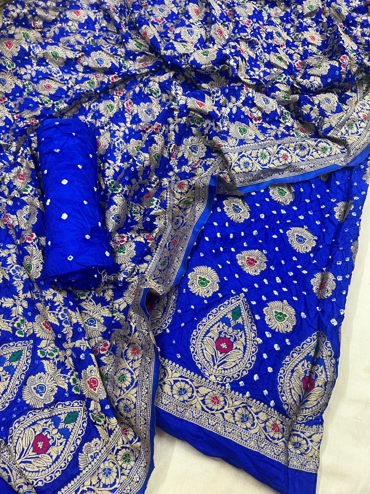 Dhupian Silk Authentic Kasab work Bandhani Dress Material (Unstitched)