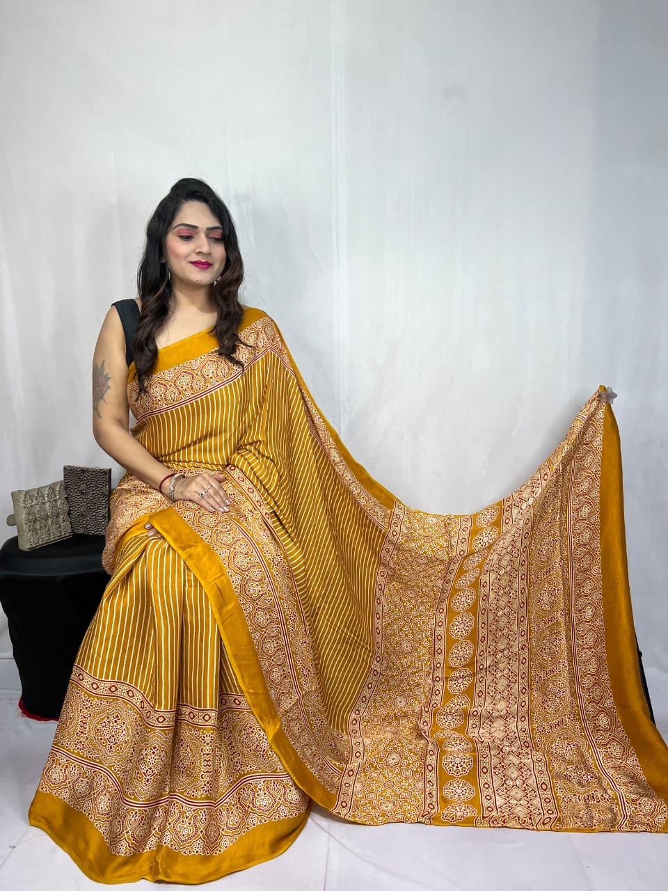 Modal Silk Authentic Hand Blocked Ajrakh work Saree