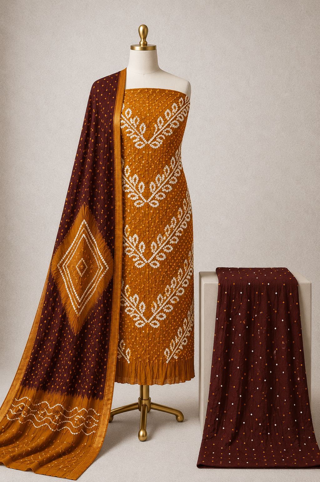 Cotton Satin Handmade Kutch 3Pc Unstitched Bandhani Dress Material