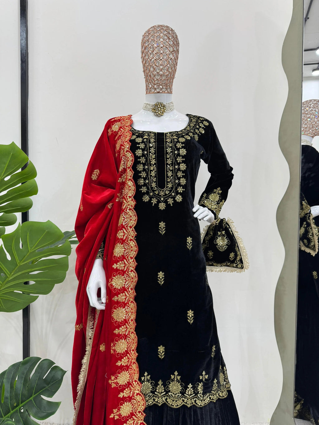 Ethenika Fine Velvet Golden Thread Embroidery work Velvet Kurti Sharara