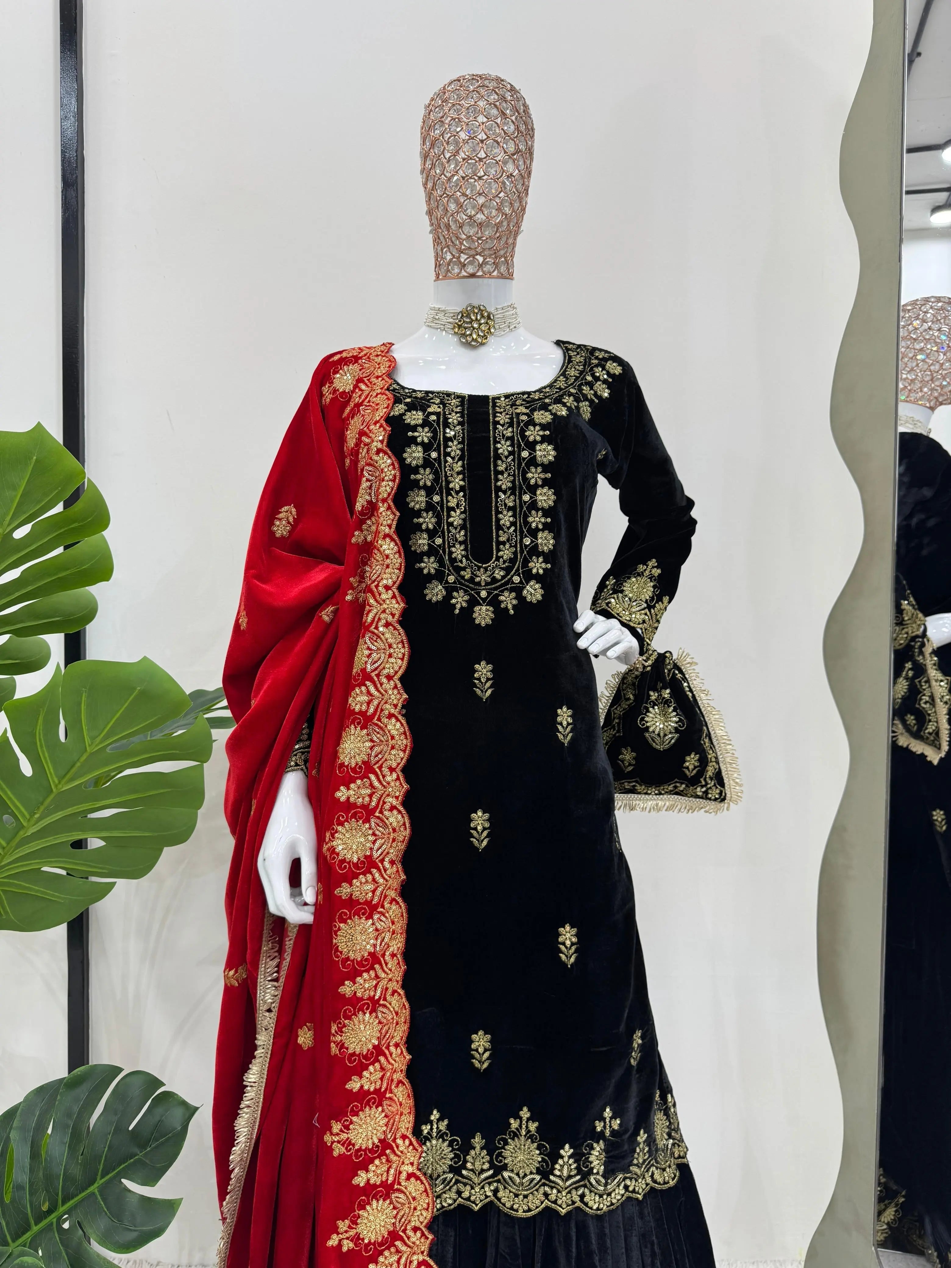 Ethenika Fine Velvet Golden Thread Embroidery work Velvet Kurti Sharara