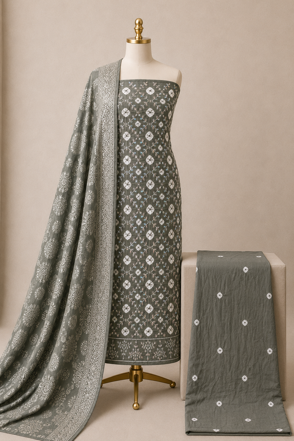 Cotton Satin Thread Work 3Pc Unstitched Bandhani Dress Material