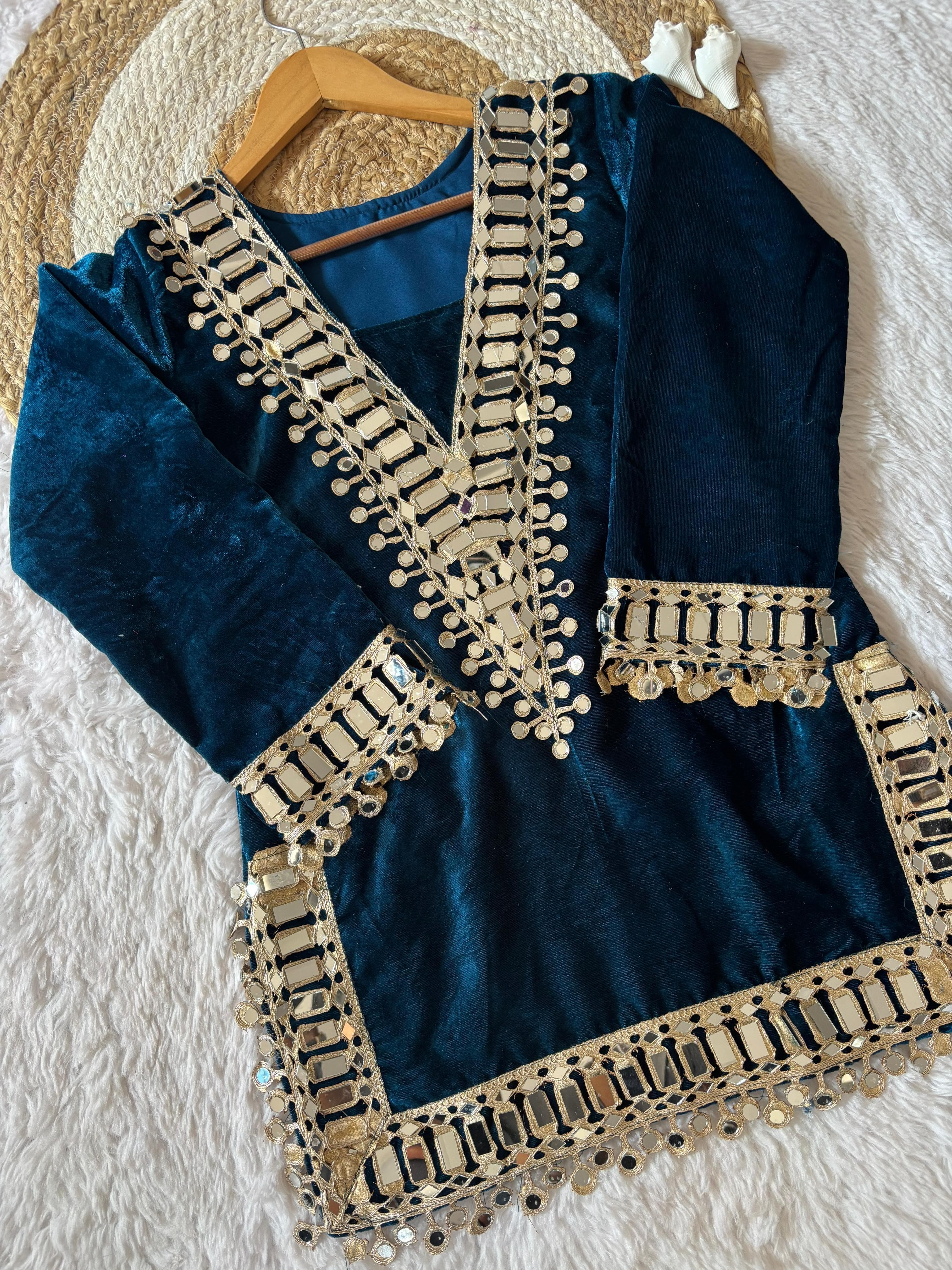 Ethenika Originals Mirror Work Velvet Kurti Palazzo Set