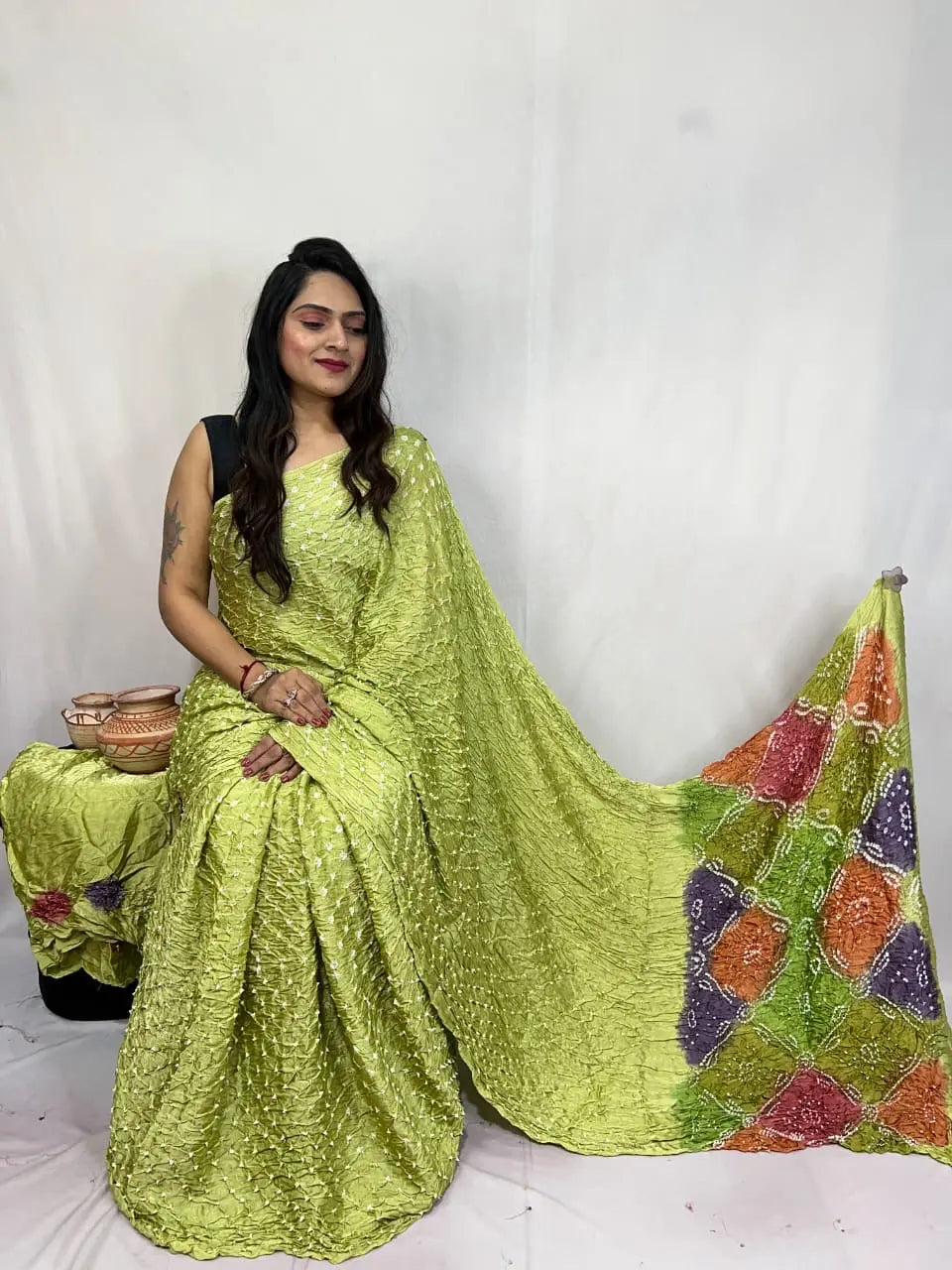 Pure Modal Silk Barik Bandhej Lagdi Pallu Bandhani Saree