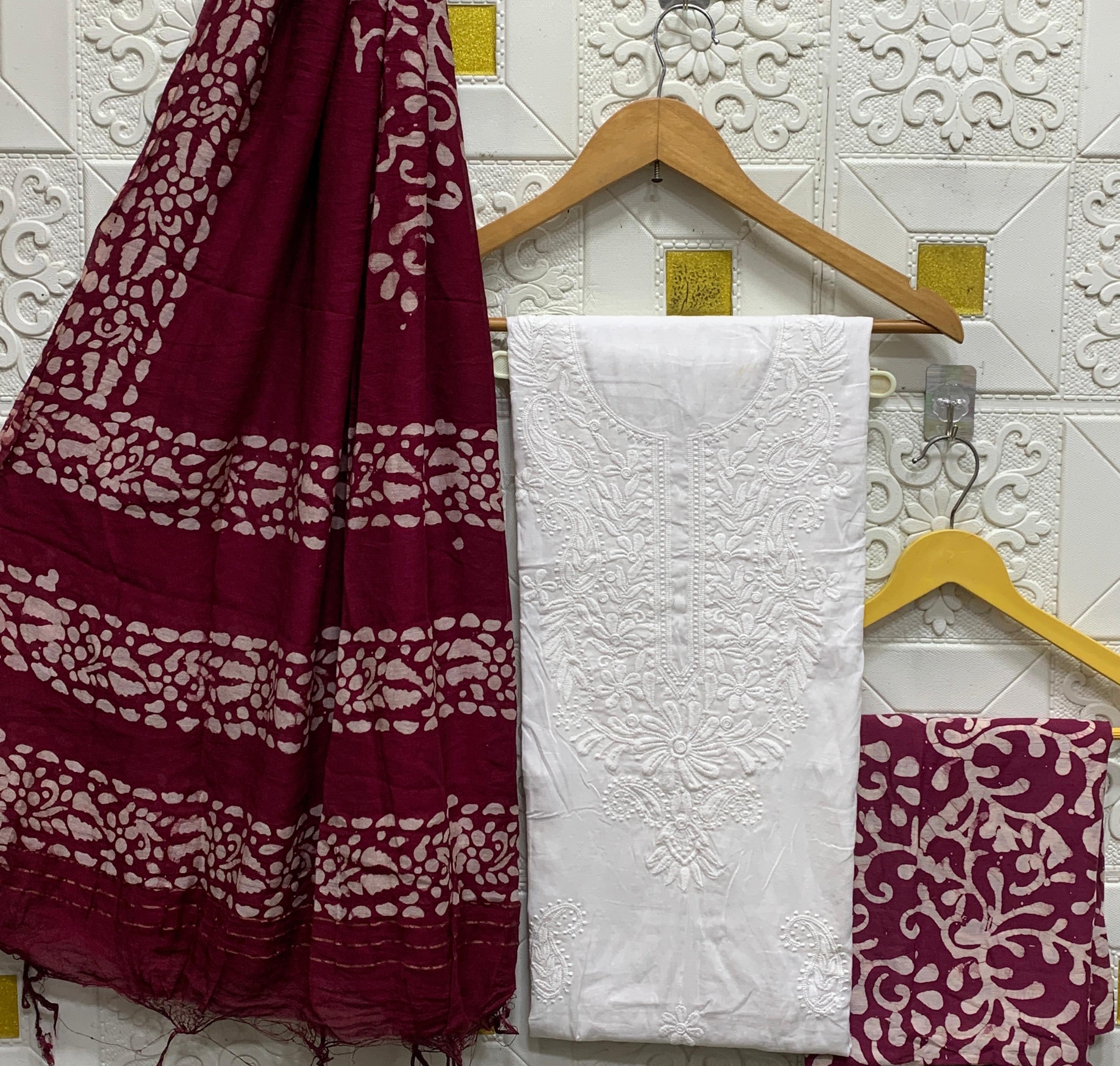 Cotton Lakhnavi Thread work Silk Batik Print Bottom Dupatta Dress Material (Unstitched)