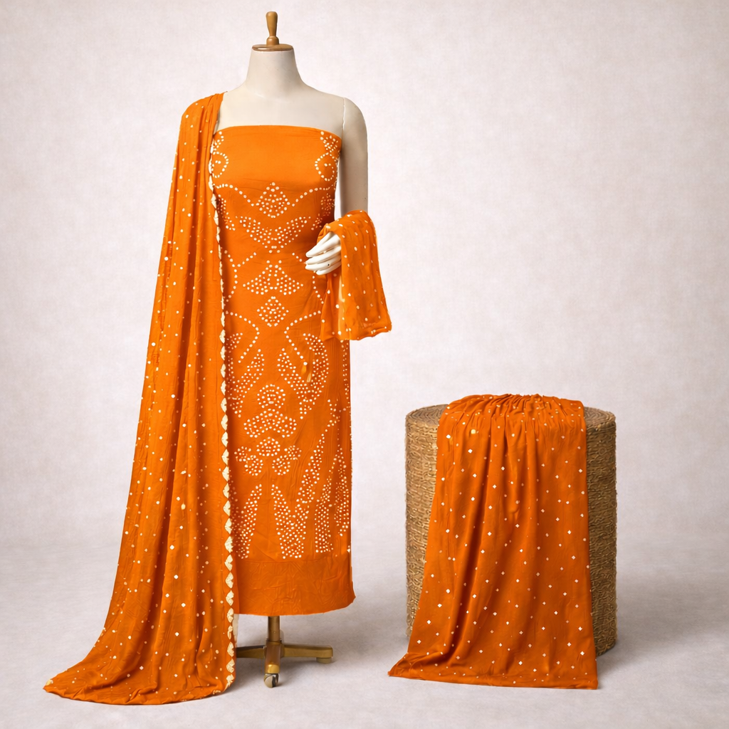 Cotton Satin Ethenika Authentic Hand Crafted Bandhani Dress Material