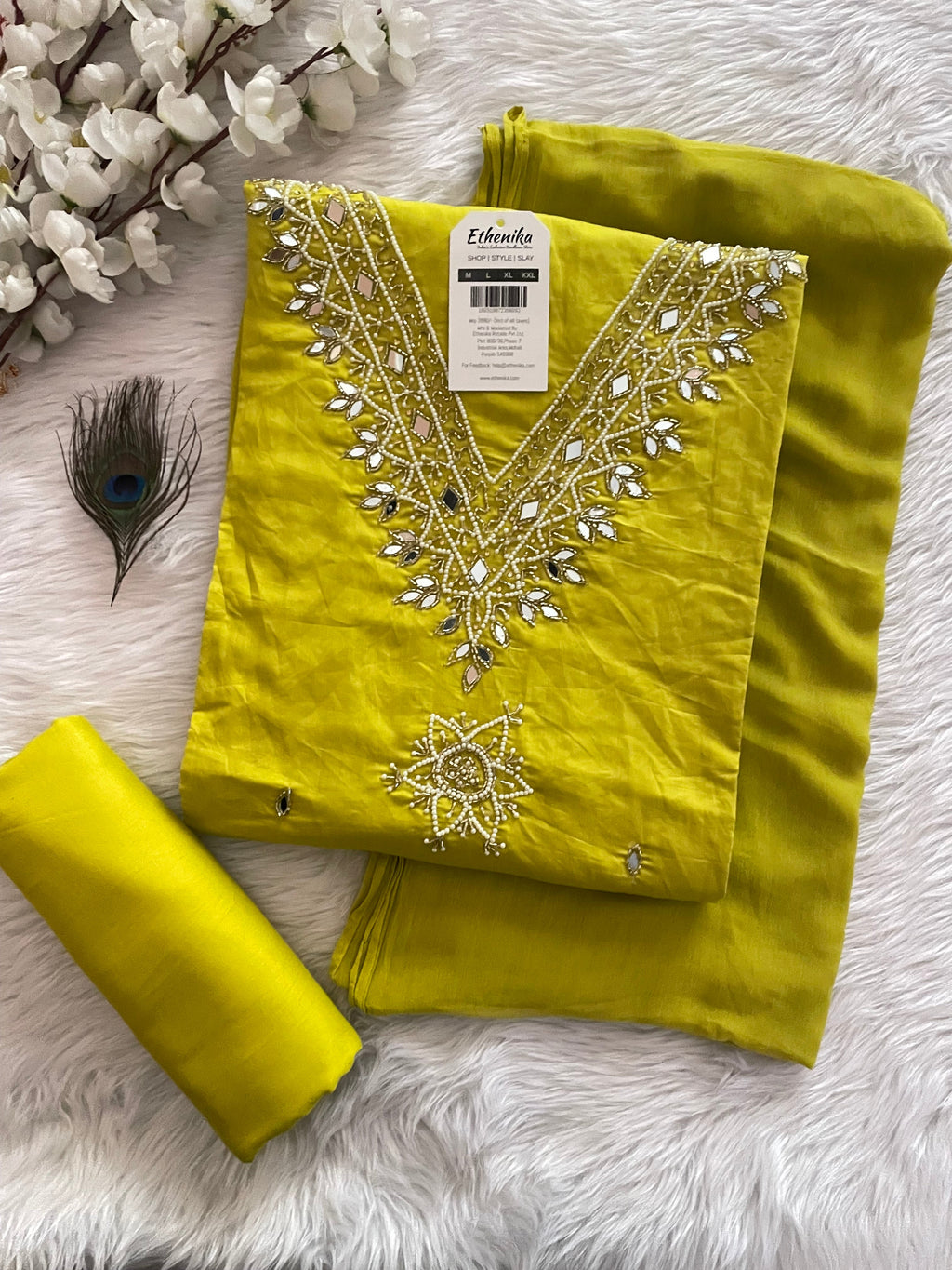 Chanderi Hand Moti and Mirror work Salwar Dress Material (Stitched)