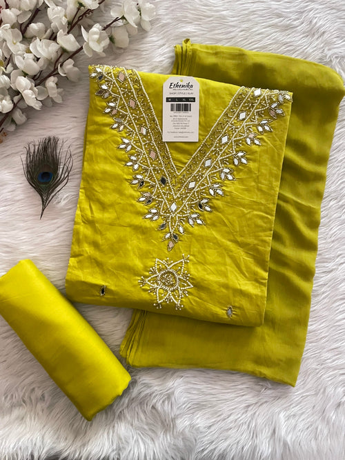 Chanderi Hand Moti and Mirror work Salwar Dress Material (Stitched)