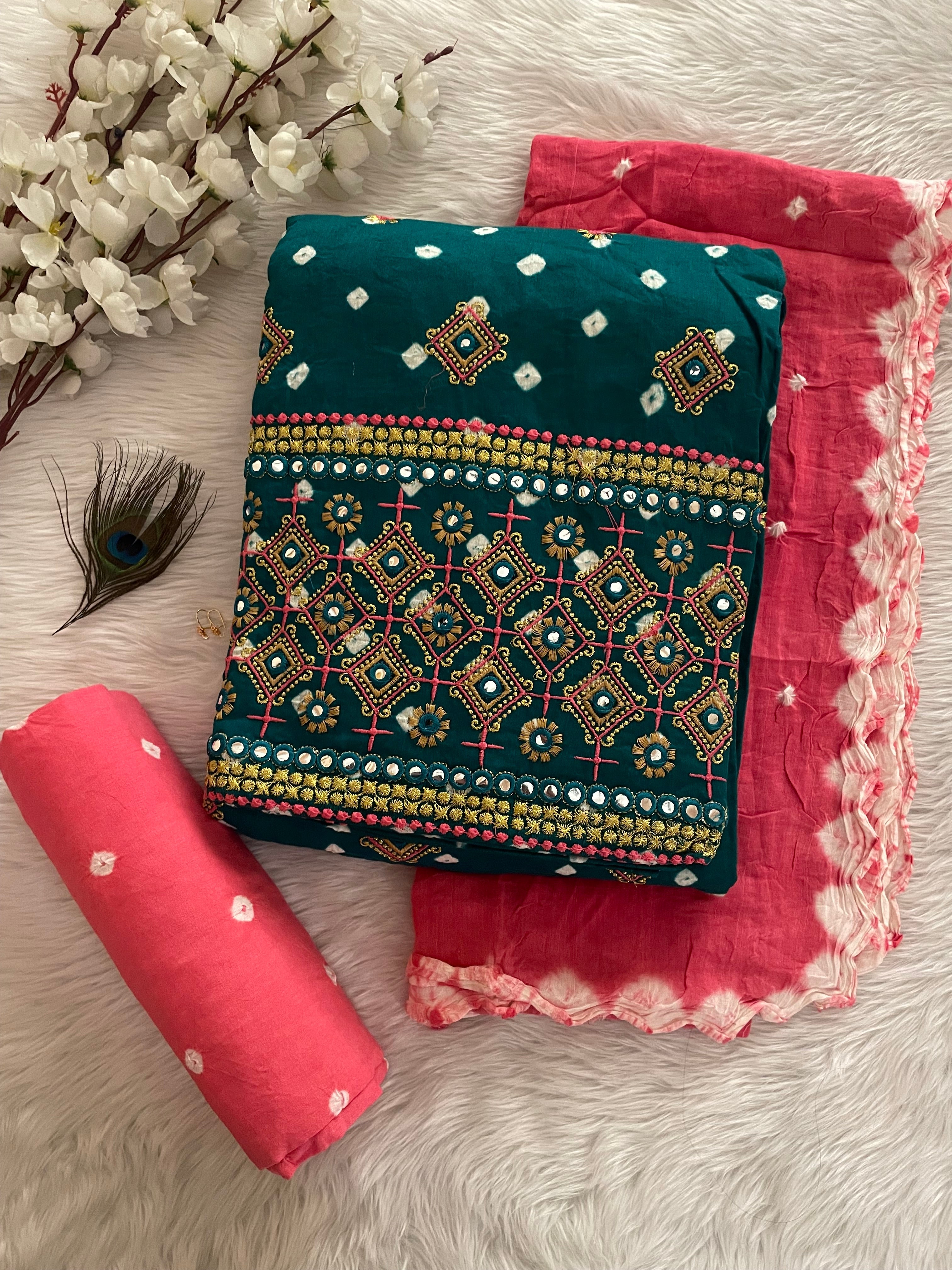 Cotton Foil Mirror and Thread work Bandhani Dress Material (Unstitched)