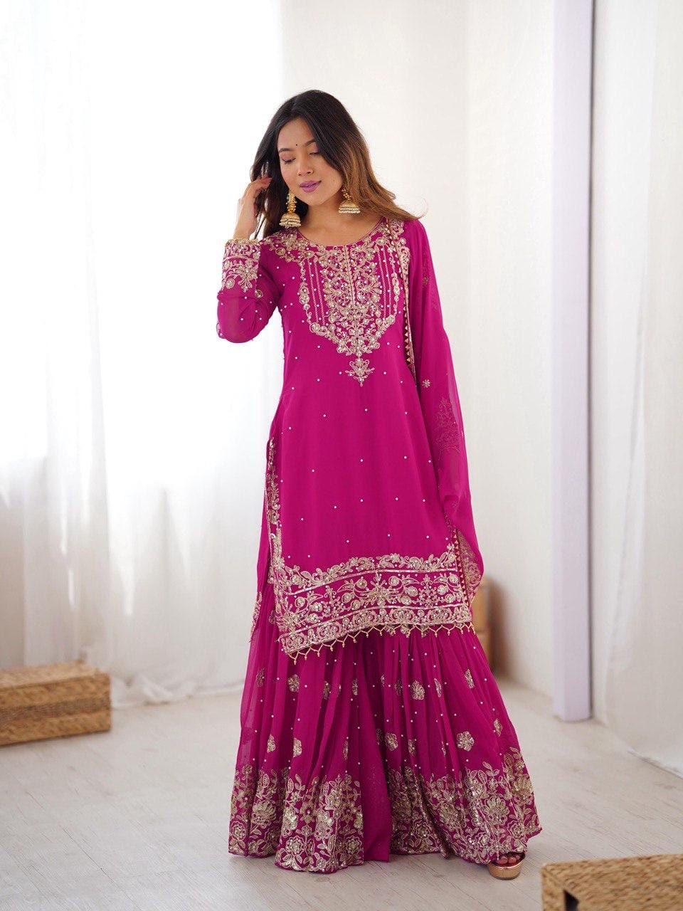 Premium Faux Georgette Embroidery with Moti Work Designer Kurti Sharara Dupatta Set (Ready to Wear)