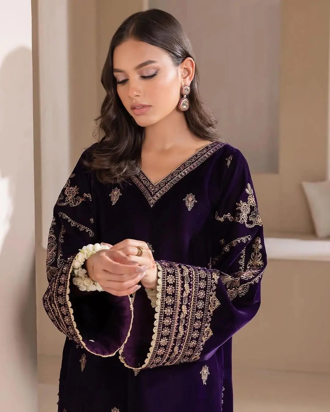 Sequence Embroidery work Winter Wear Velvet Suit