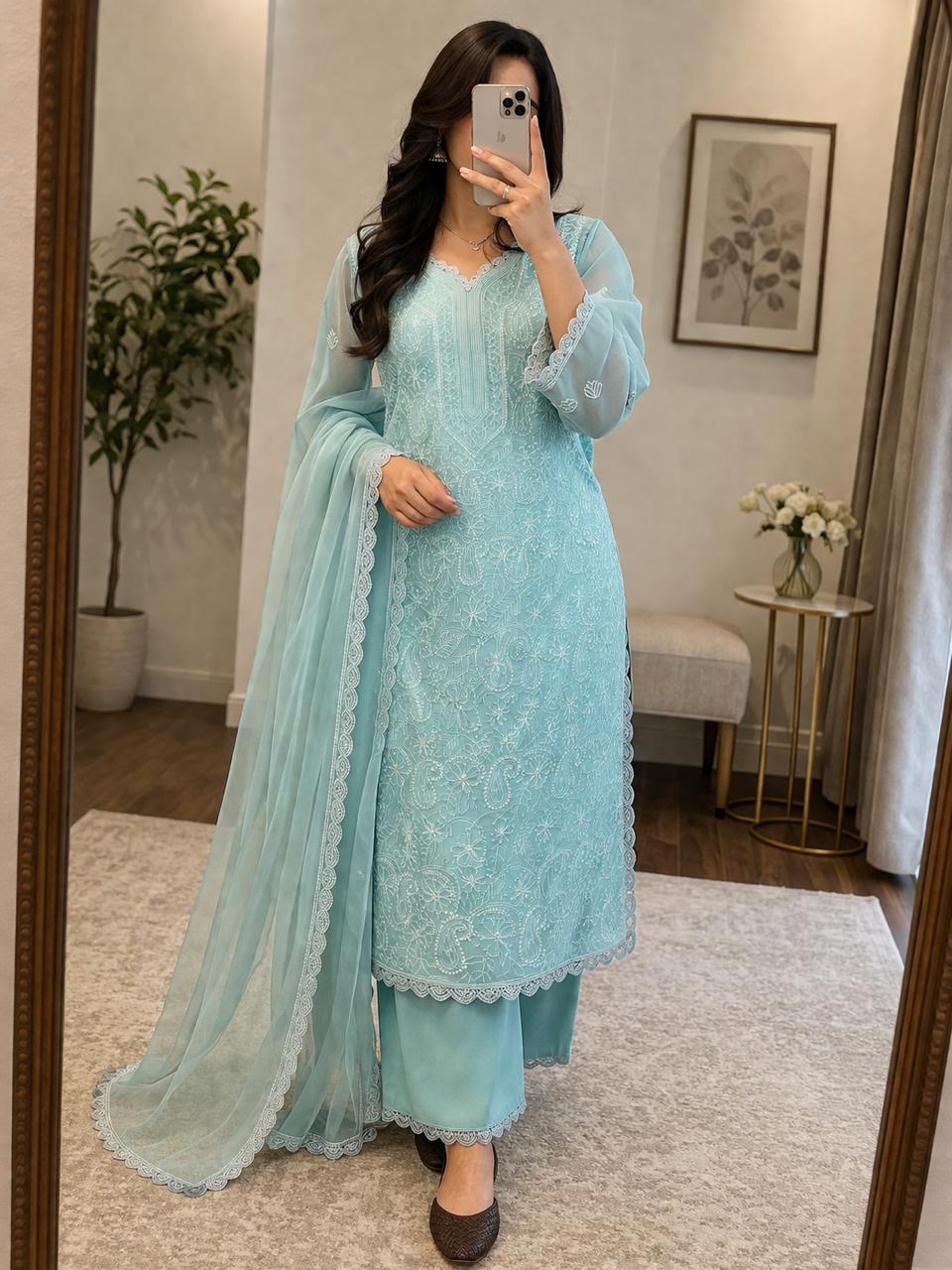Faux Georgette Chikankari Kurti Palazzo Dupatta Set