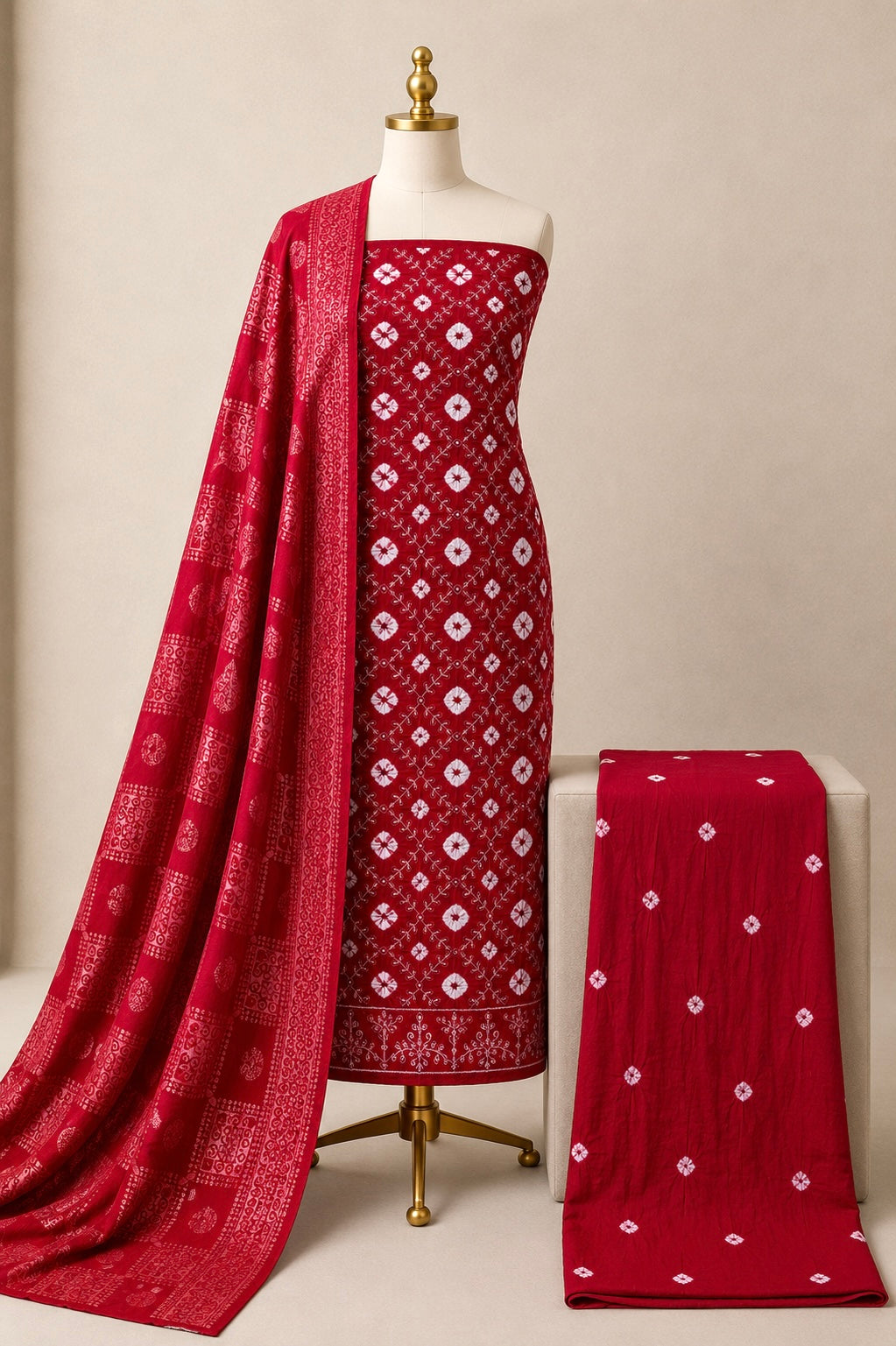 Cotton Satin Thread Work 3Pc Unstitched Bandhani Dress Material