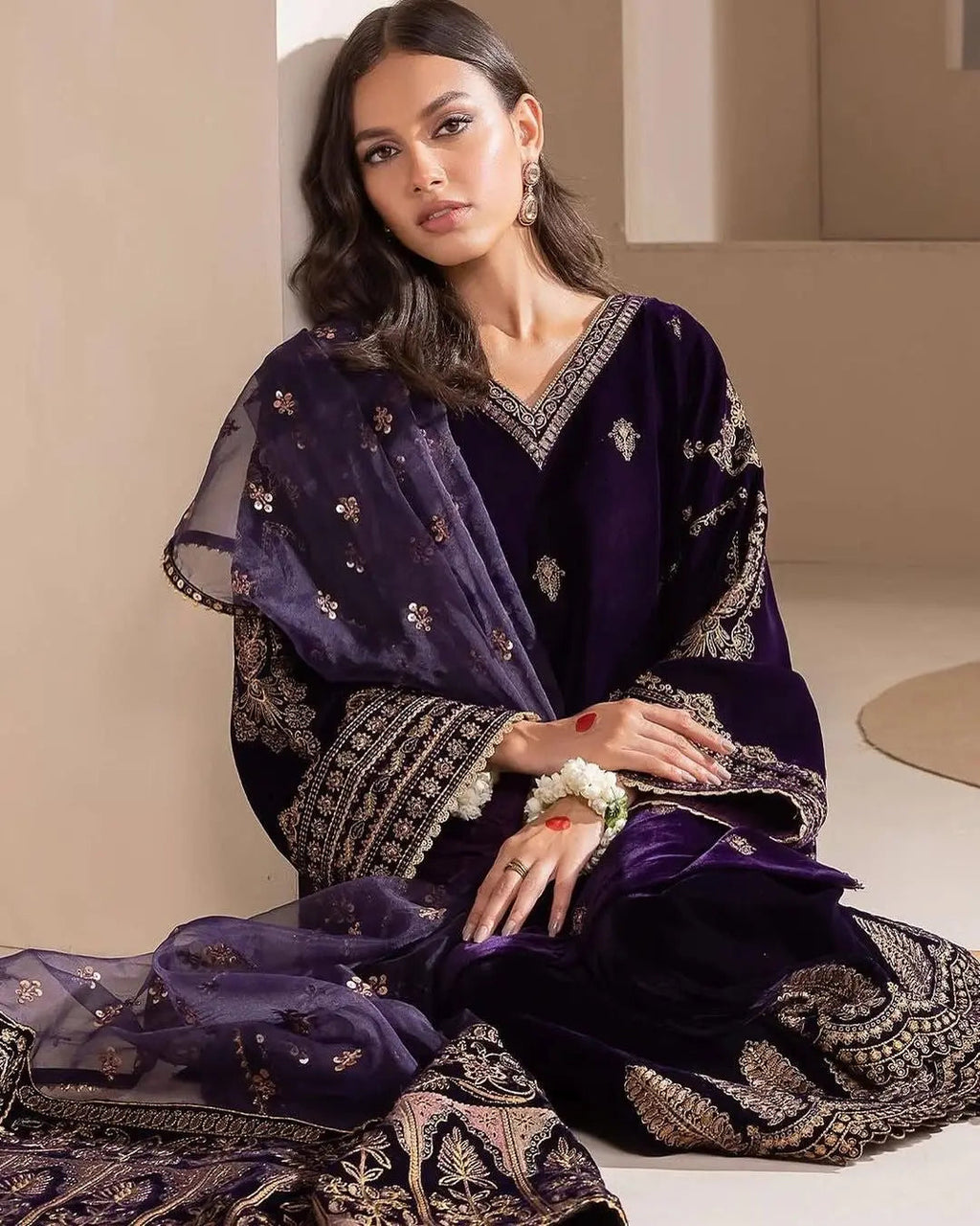 Sequence Embroidery work Winter Wear Velvet Suit