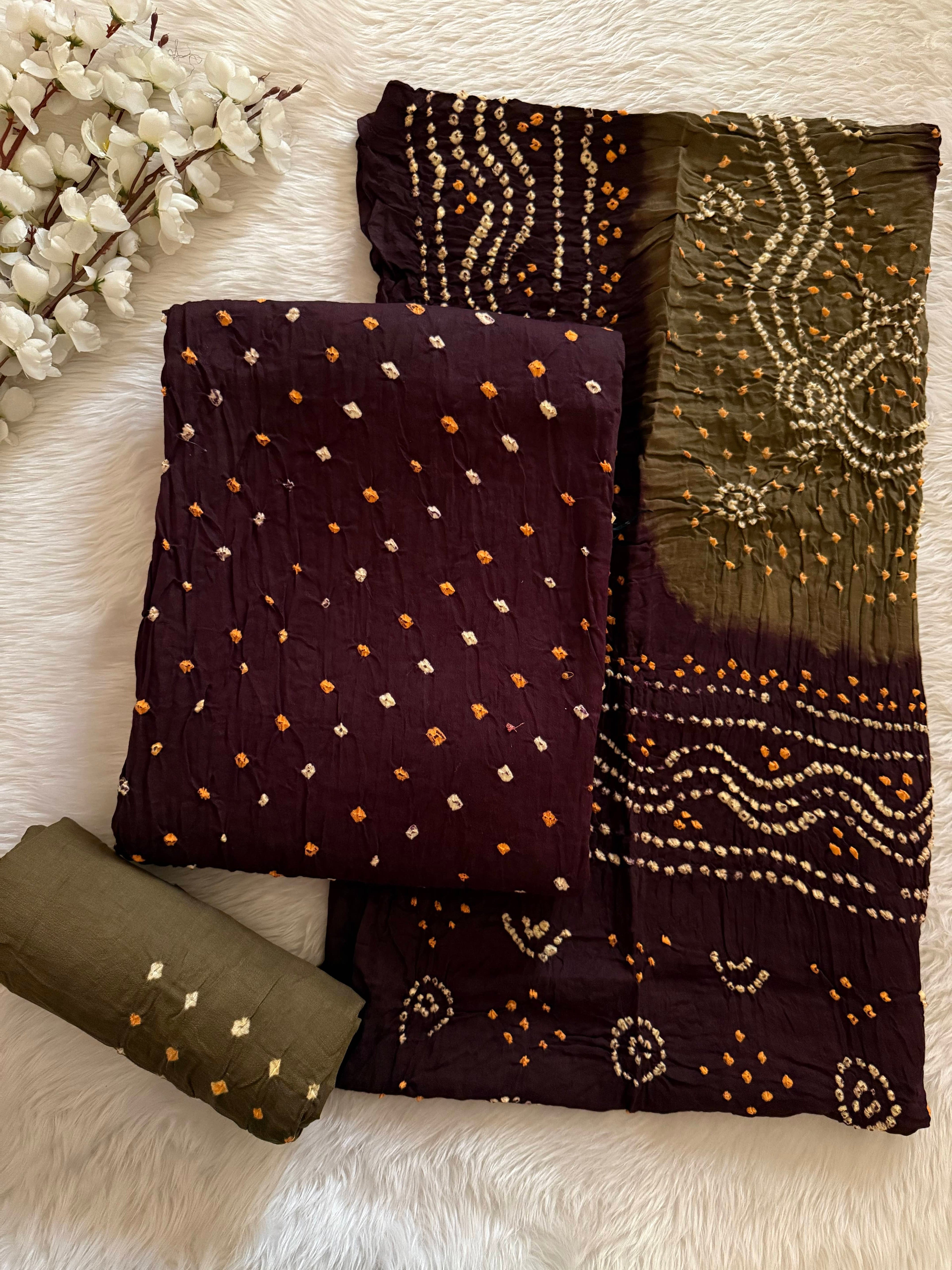 Cotton Satin Heavy Bandhej Work Contrast Kutch Bandhani Dress Material (Unstitched)