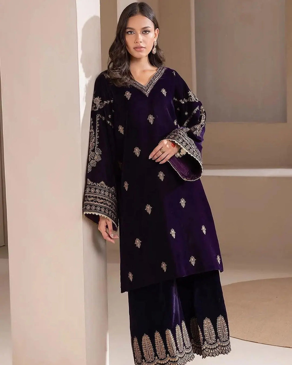 Sequence Embroidery work Winter Wear Velvet Suit