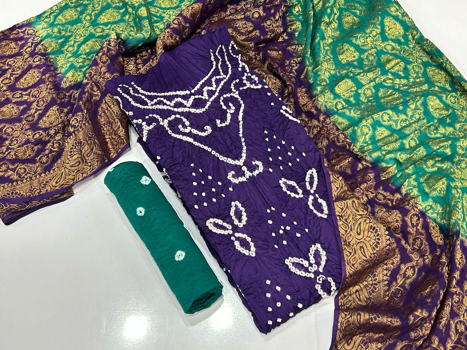 Cotton Satin Barik Bandhej work Authentic Jamnagar Bandhani Dress Material (Unstitched)
